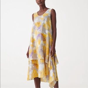 COS 100% Silk Abstract Yellow Gray Purple Sleeveless Printed Layered Dress 6